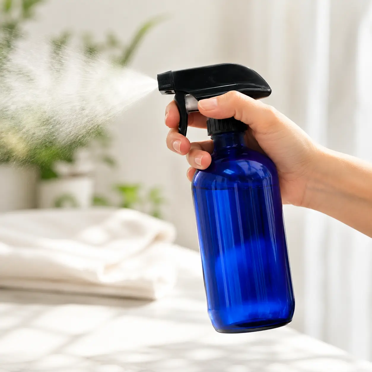 500ml Blue Boston Round Bottle Trigger Sprayer Usage Scene 500ml blue Boston round bottle shown in use with its square trigger sprayer.
