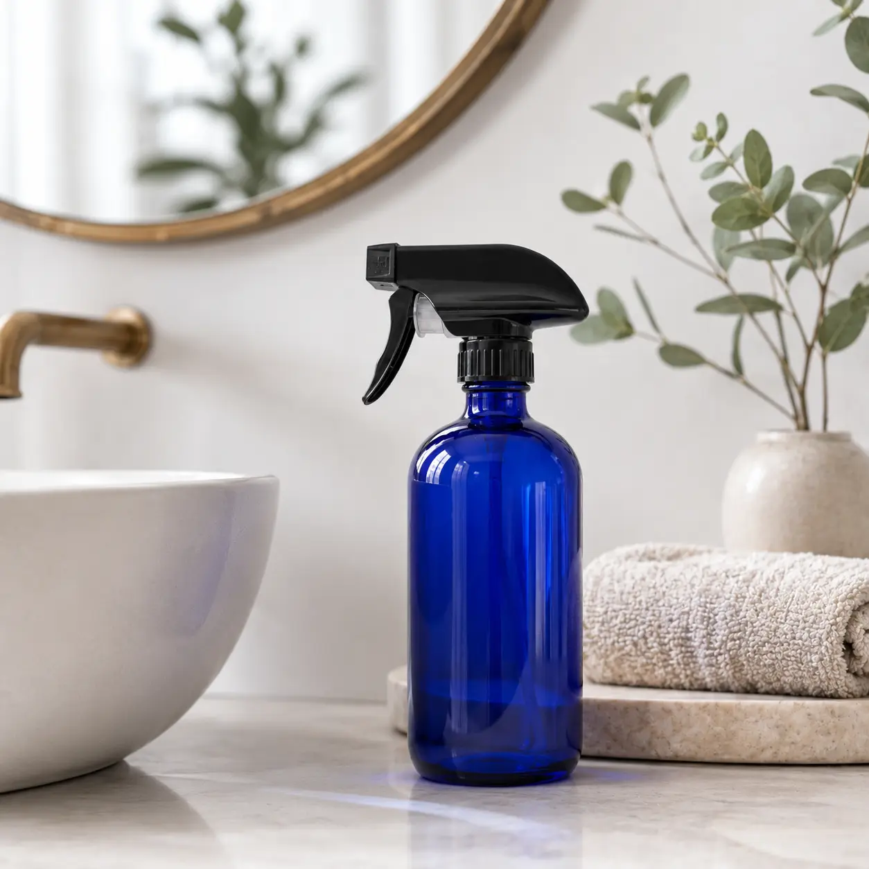 500ml Blue Boston Round Bottle Washbasin Scene 500ml blue Boston round bottle with square trigger sprayer displayed beside a washbasin.