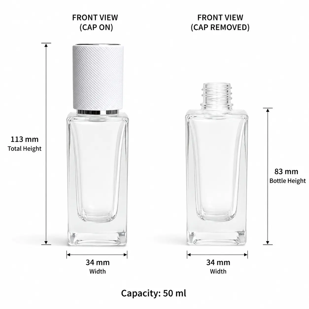 50ml Clear Glass Lotion Bottle Dimensions and Capacity 50ml clear glass lotion bottle dimension diagram showing 34 mm bottom width 113 mm overall height and 83 mm bottle height without cap