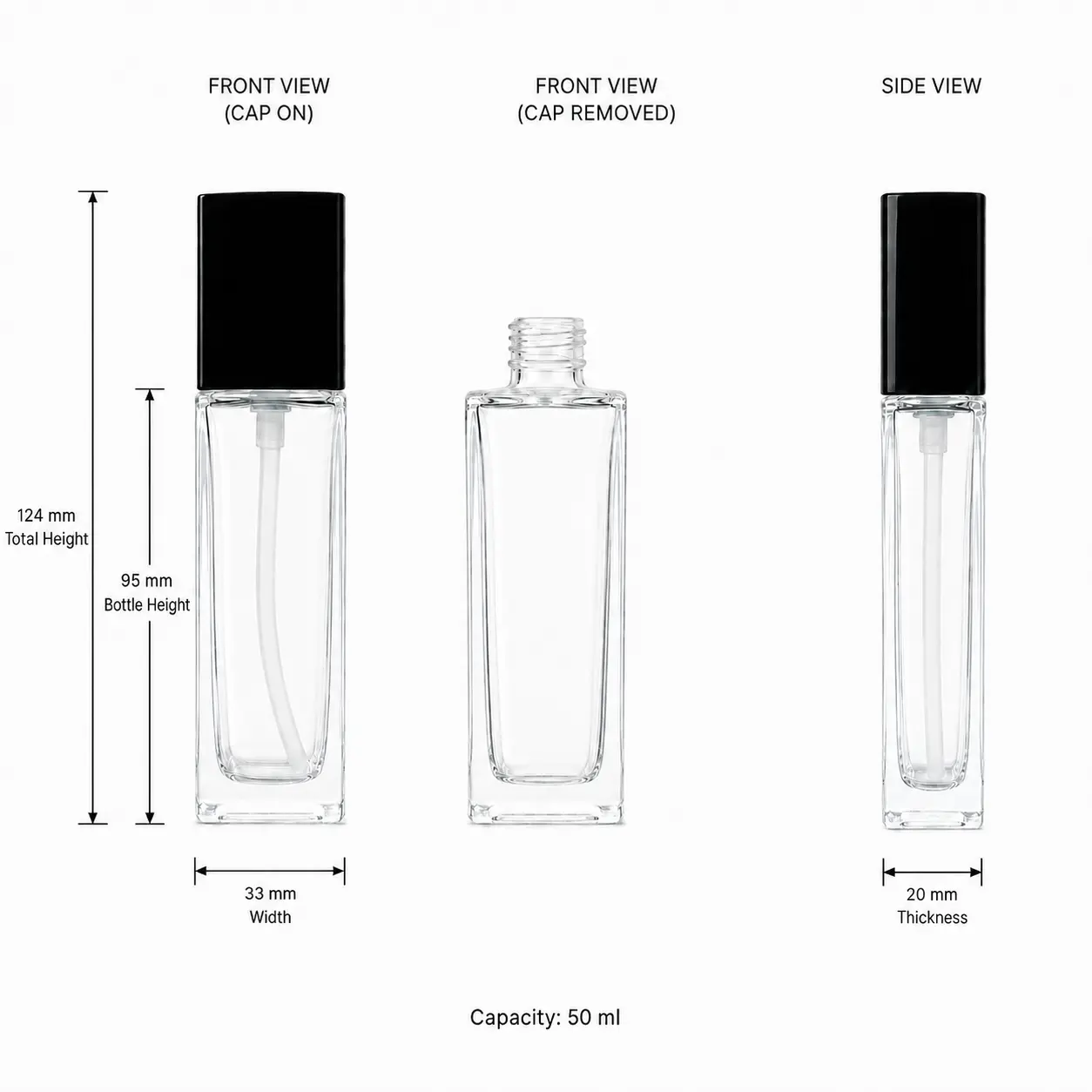 50ml clear glass lotion bottle dimensions showing 33 mm width 20 mm thickness 124 mm overall height and 50ml capacity