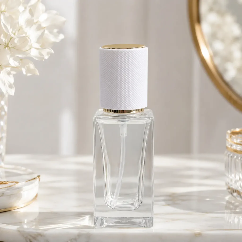 50ml clear glass lotion bottle filled with fragrance and displayed in a styled cosmetic packaging scene