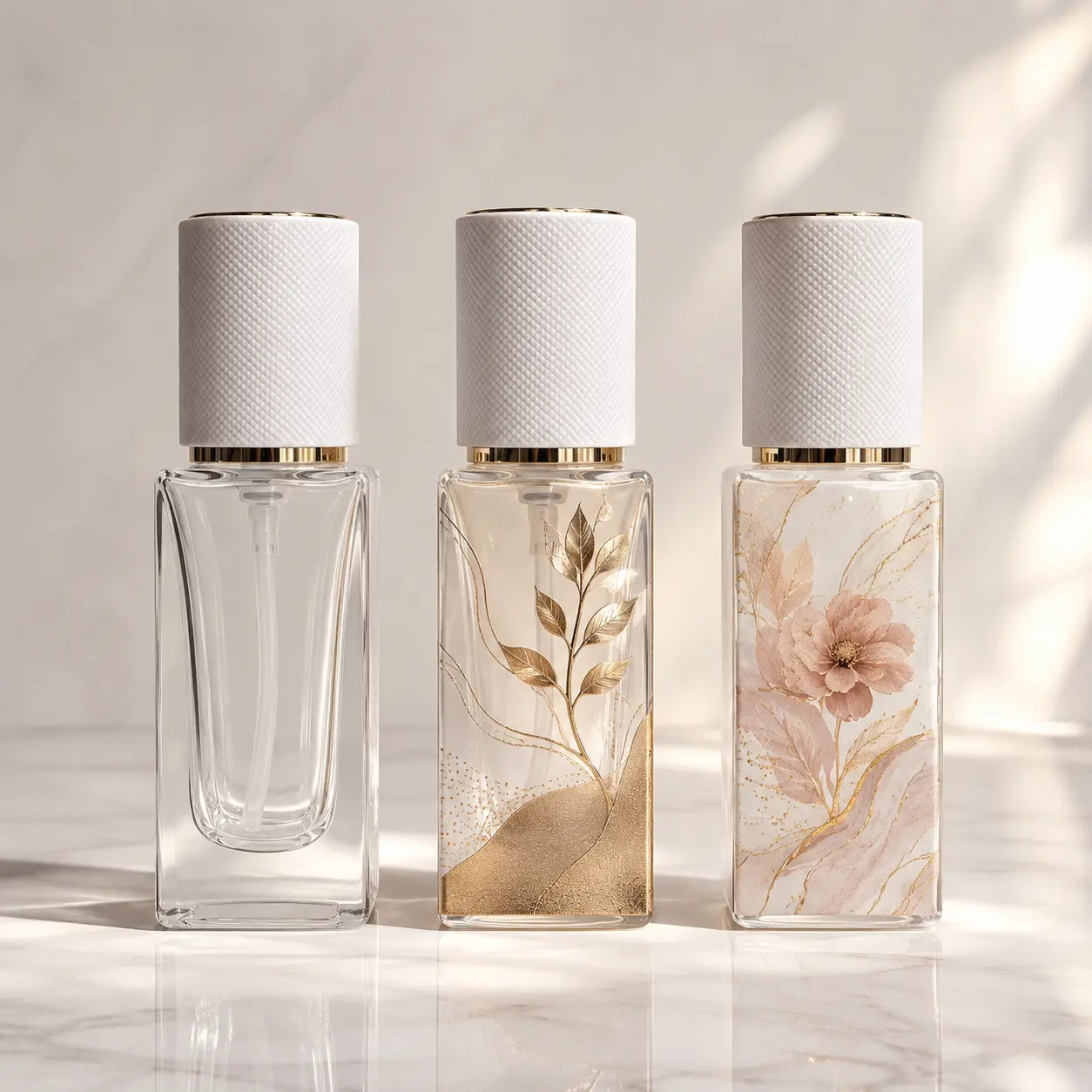 50ml Clear Glass Lotion Bottle Printing Color Reference 50ml clear glass lotion bottles showing different printed colors and decorative customization references