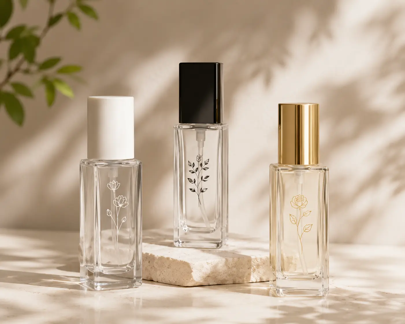 50ml clear glass lotion bottle showing reference colors and decorative printing options for custom packaging