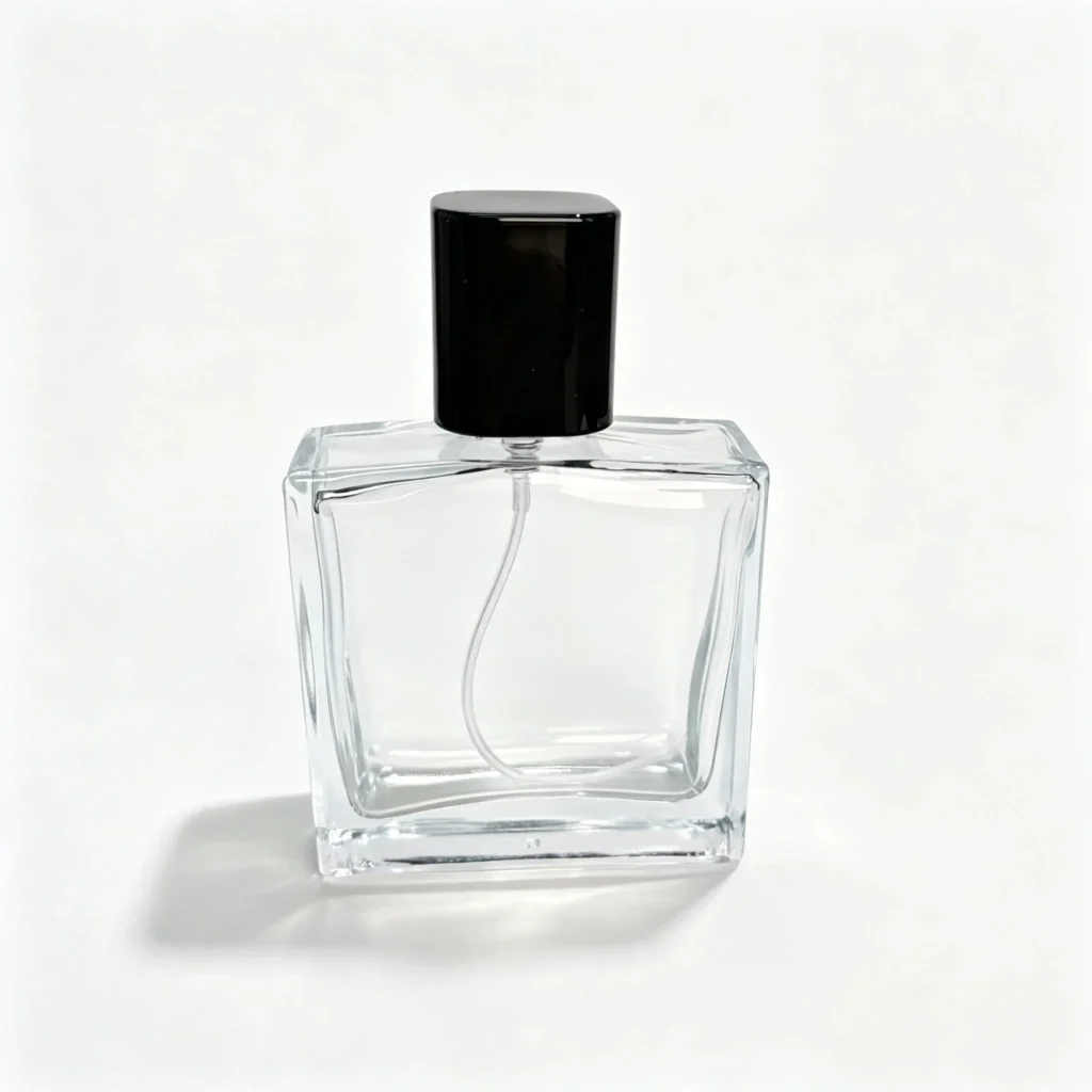 50ml custom faceted perfume bottle shown in complete front view with crimp sprayer and outer cap