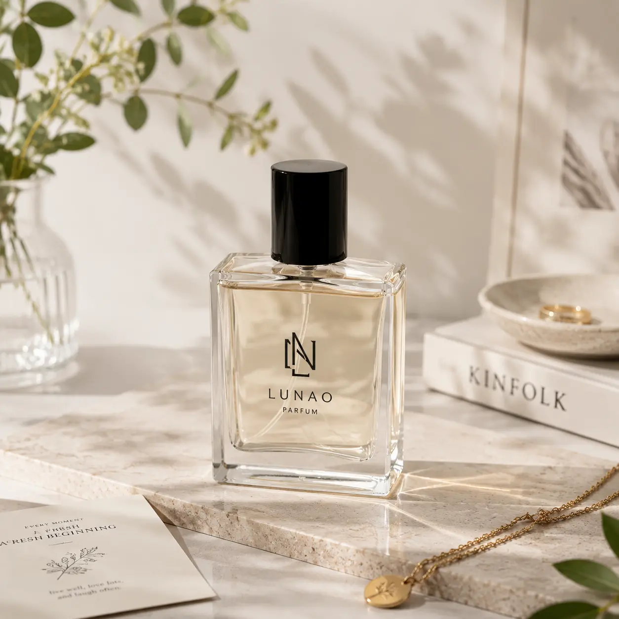 50ml Custom Faceted Perfume Bottle Packaging Scene 50ml custom faceted perfume bottle displayed in a fragrance packaging scene highlighting its angular body profile