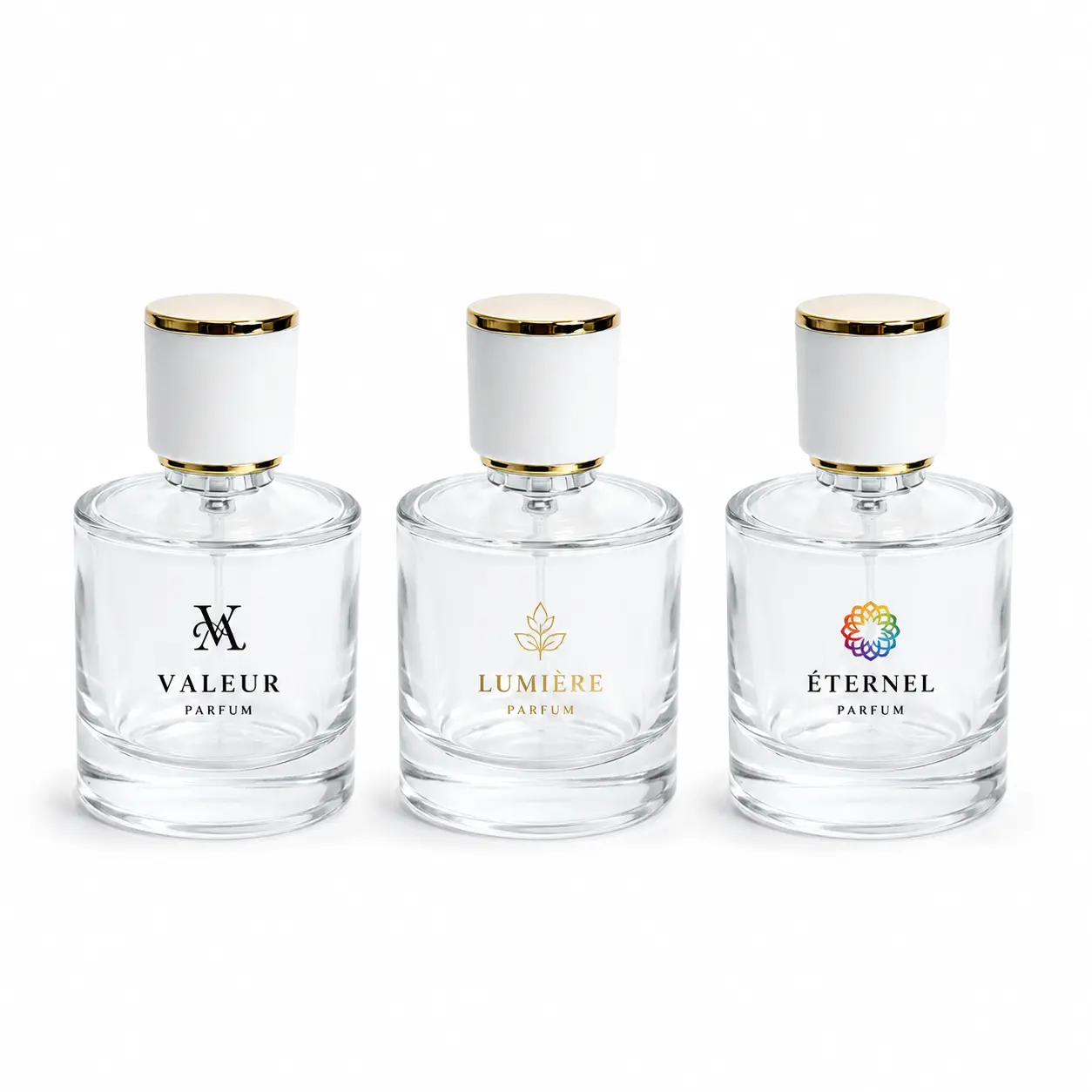 50ml Custom Perfume Bottle Logo Customization 50ml custom round cologne bottle showing a logo decoration reference with the white and gold cylindrical cap installed