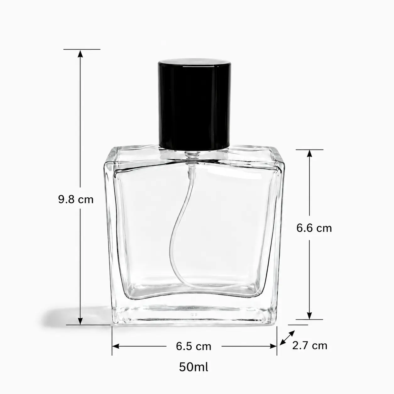 50ml Faceted Perfume Bottle Dimensions and Capacity 50ml faceted perfume bottle dimensions showing 65 mm width, 27 mm depth and 98 mm overall height with cap
