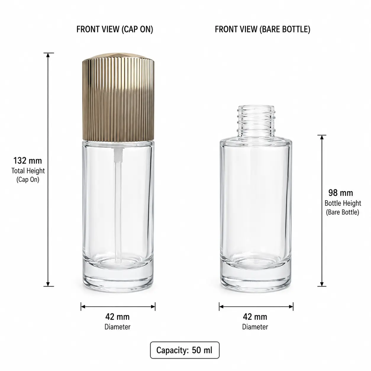 50ml glass lotion pump bottle dimensions showing a 42 mm bottom diameter, 132 mm assembled height and 98 mm bottle height without cap