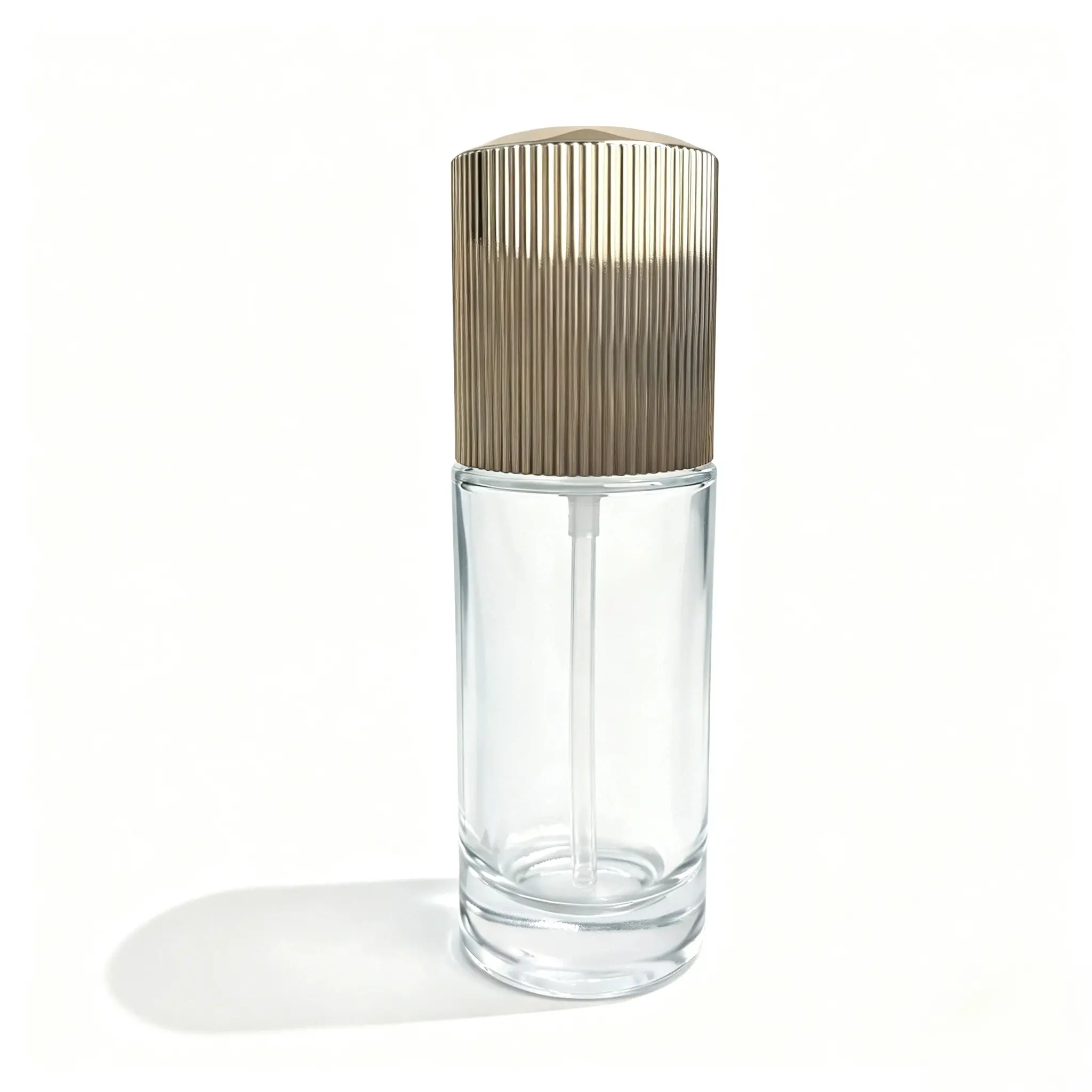 Front view of the complete 50ml glass lotion pump bottle assembled with its pump, collar and outer cap