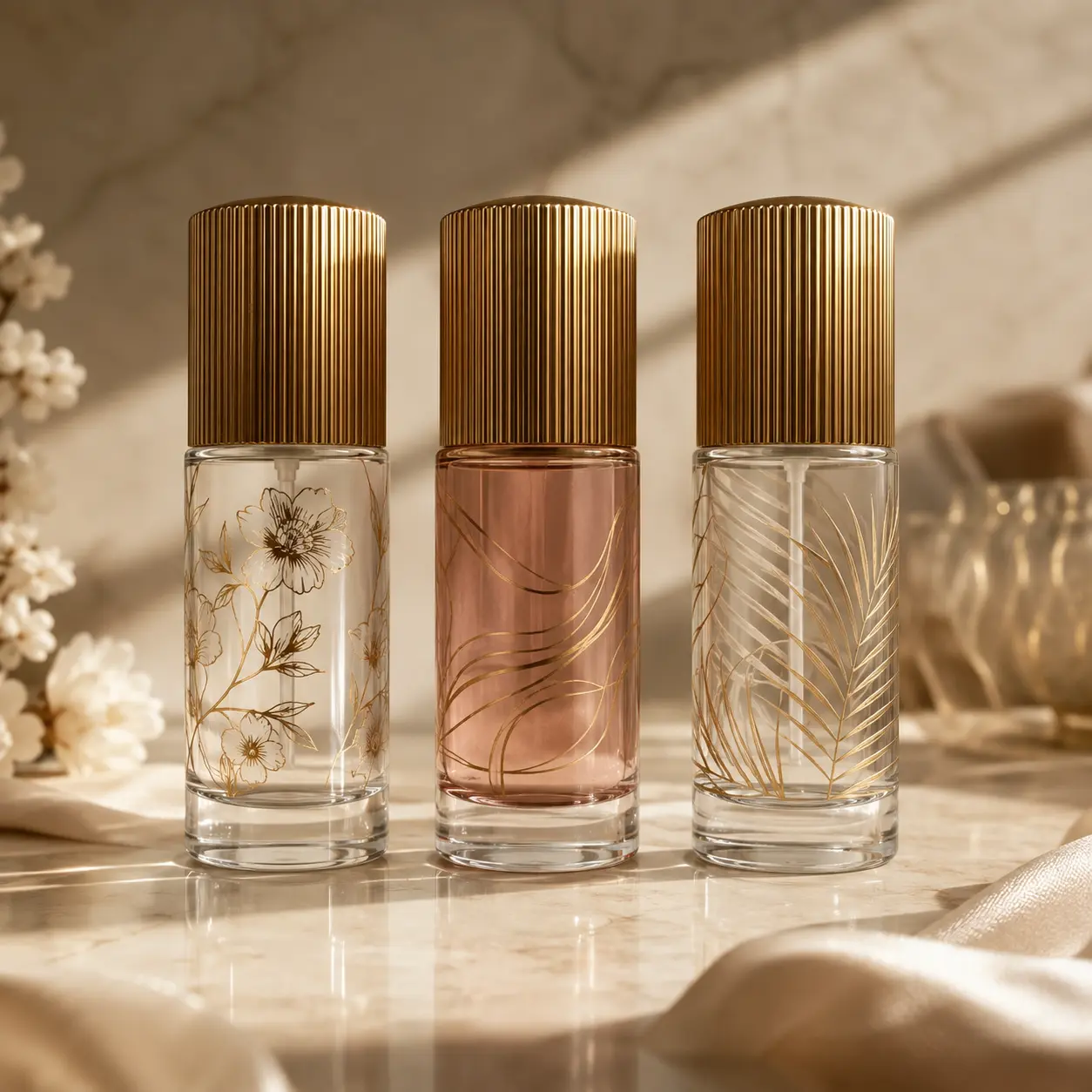 50ml glass lotion pump bottles showing different printing colors and decorative surface options for cosmetic packaging customization