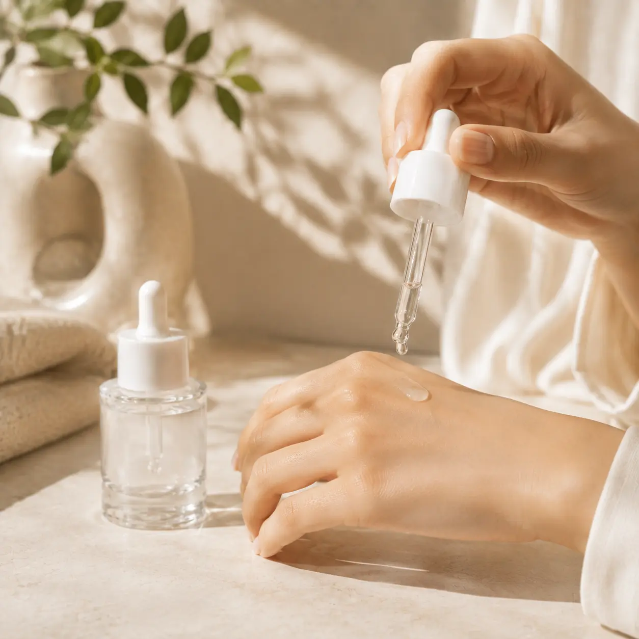 50ml-Glass-Serum-Dropper-Bottle-Application-Scene 50ml glass serum dropper bottle shown in an application setting with the dropper assembly in use