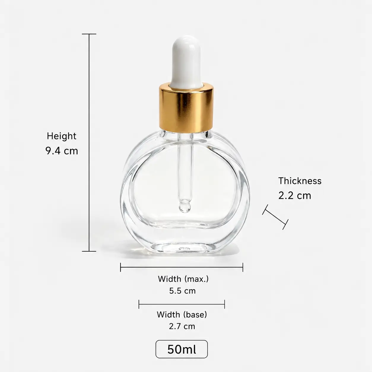 50ml Glass Serum Dropper Bottle Dimensions and Capacity 50ml glass serum dropper bottle dimensions showing 27 mm width, 22 mm thickness and 92 mm overall height