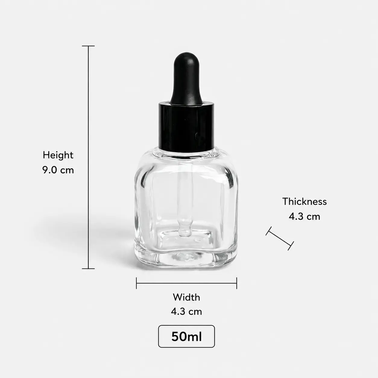 50ml Glass Serum Dropper Bottle Dimensions and Capacity 50ml glass serum dropper bottle dimensions showing 43 × 43 × 90 mm assembled size and 50ml capacity.