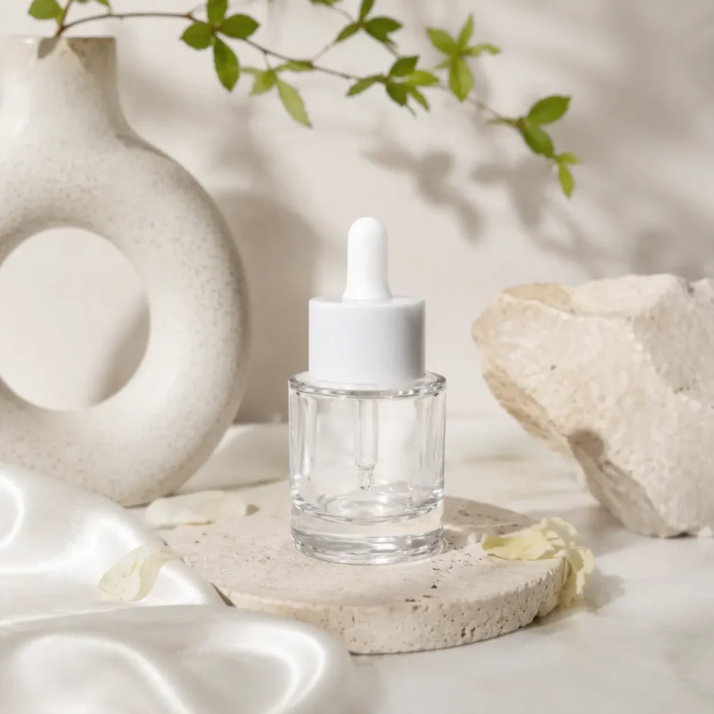 Single 50ml glass serum dropper bottle arranged in a styled cosmetic packaging setting