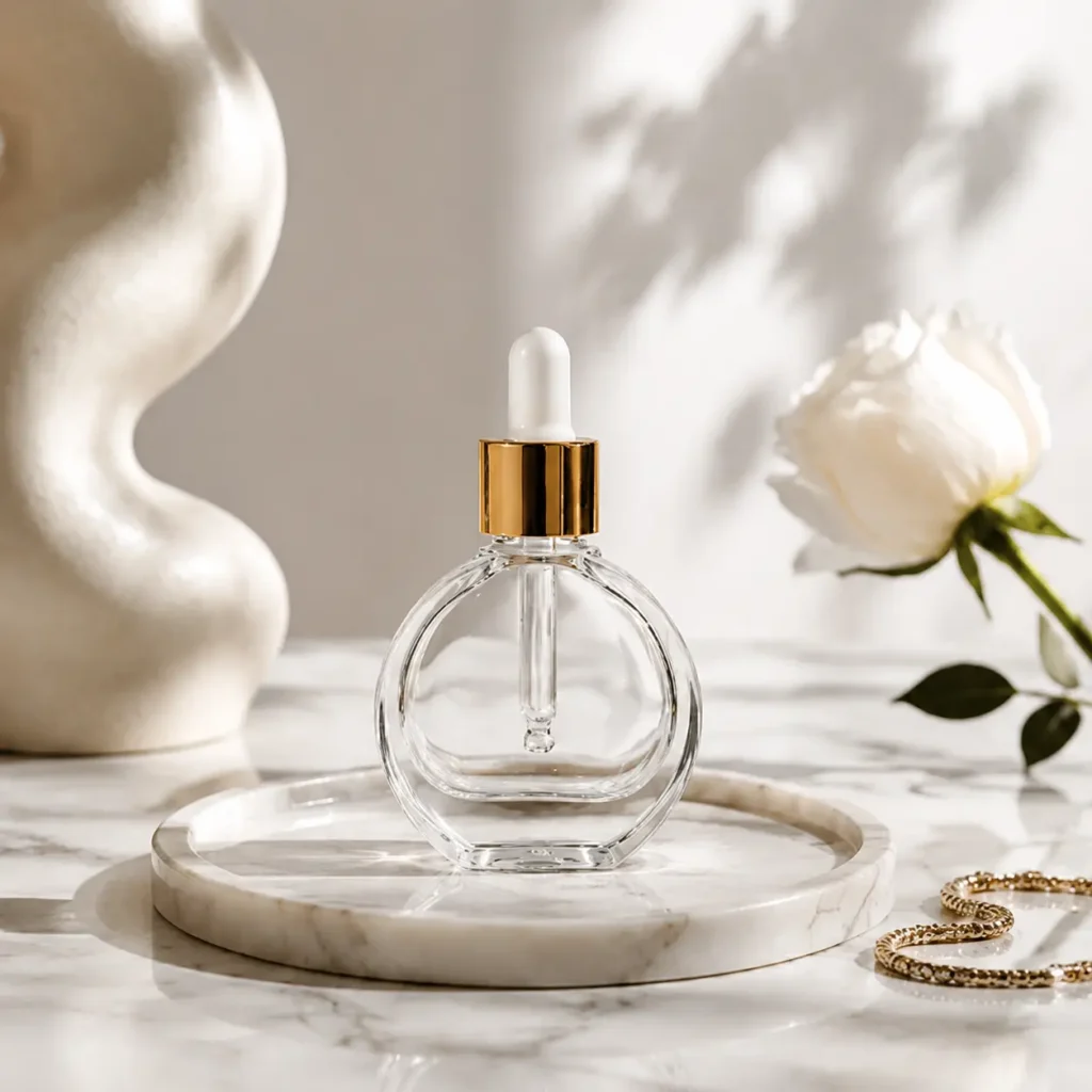 50ml glass serum dropper bottle displayed upright in a front-view cosmetic packaging scene