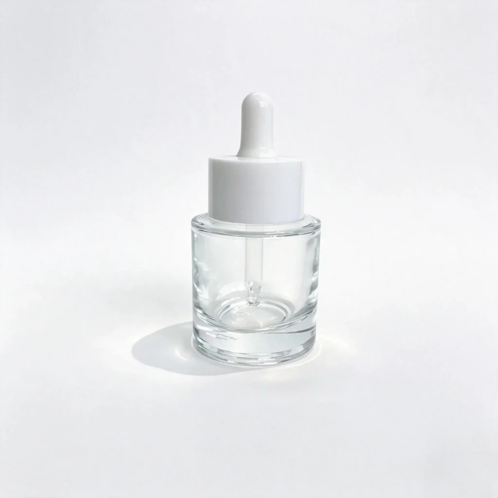 Front view of the complete 50ml glass serum dropper bottle assembled with its matching closure