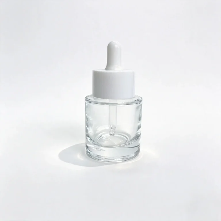 Front view of the complete 50ml glass serum dropper bottle assembled with its matching closure