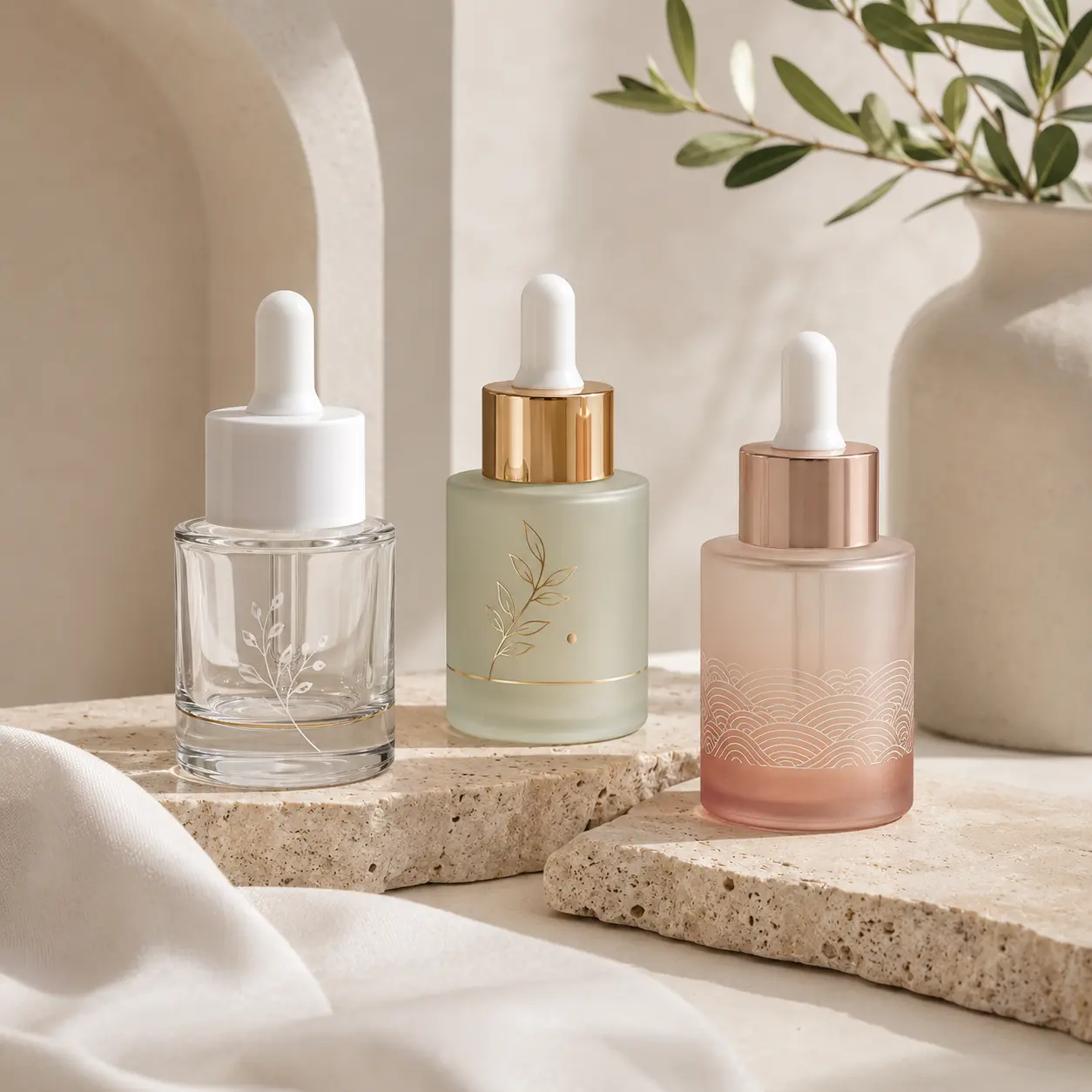 50ml-Glass-Serum-Dropper-Bottle-Printing-Color-Reference 50ml glass serum dropper bottles showing custom surface colors and logo printing variations