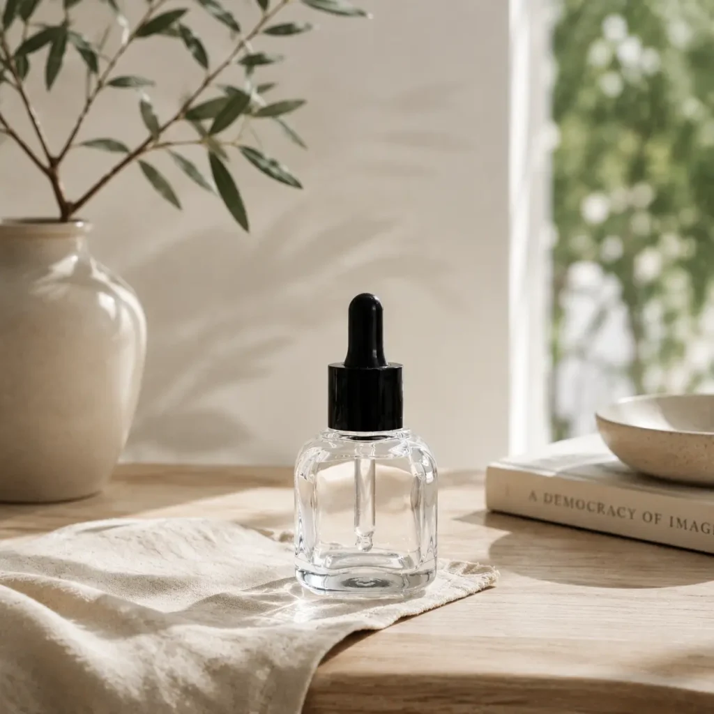 50ml glass serum dropper bottle displayed in a cosmetic packaging product scene.