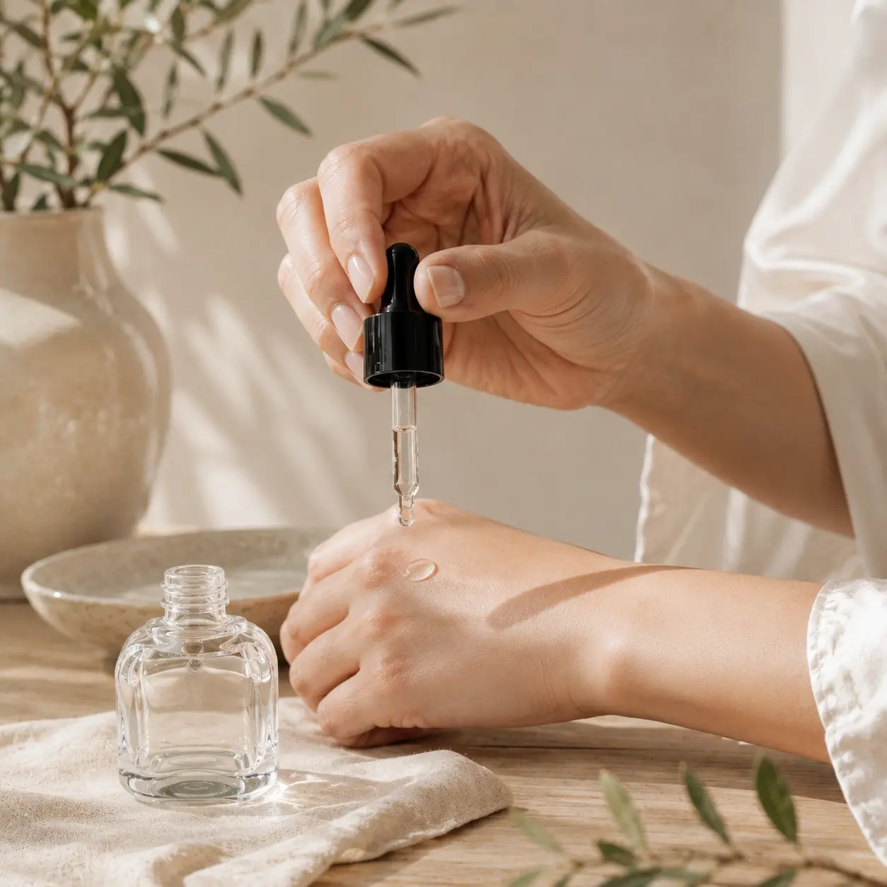 50ml Glass Serum Dropper Bottle Usage Scene 50ml glass serum dropper bottle shown dispensing serum in a skincare usage setting.