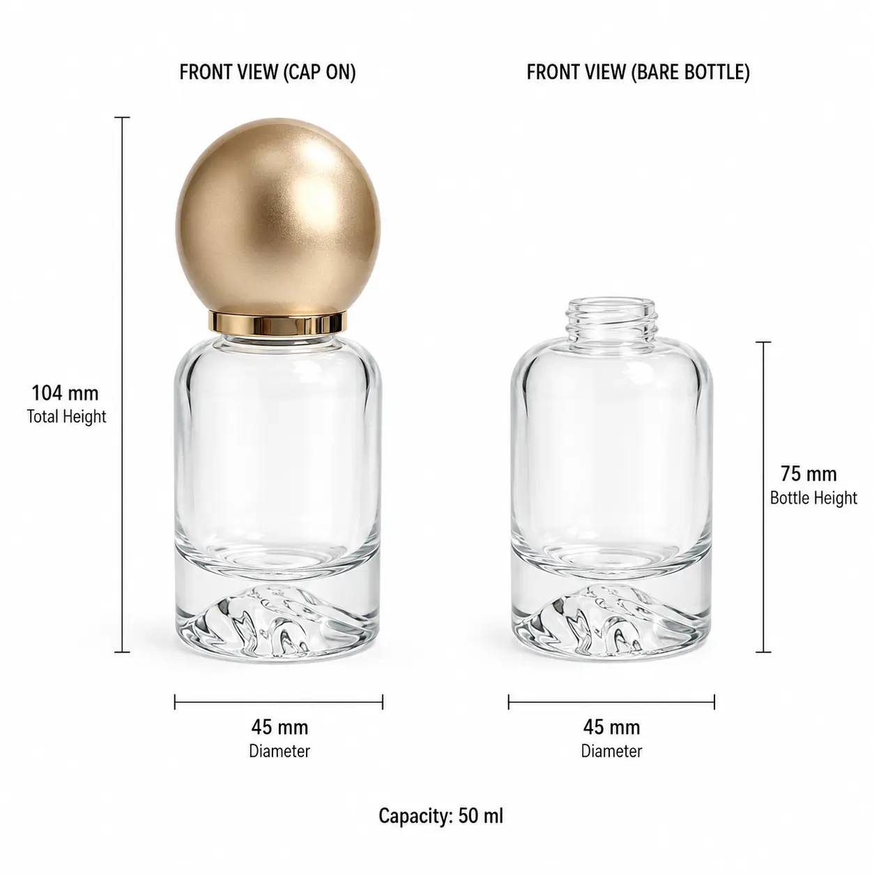 50ml Lotion Pump Bottle Dimensions and Capacity 50ml lotion pump bottle dimension diagram showing 45 mm bottom diameter 104 mm assembled height and 75 mm bottle height without cap