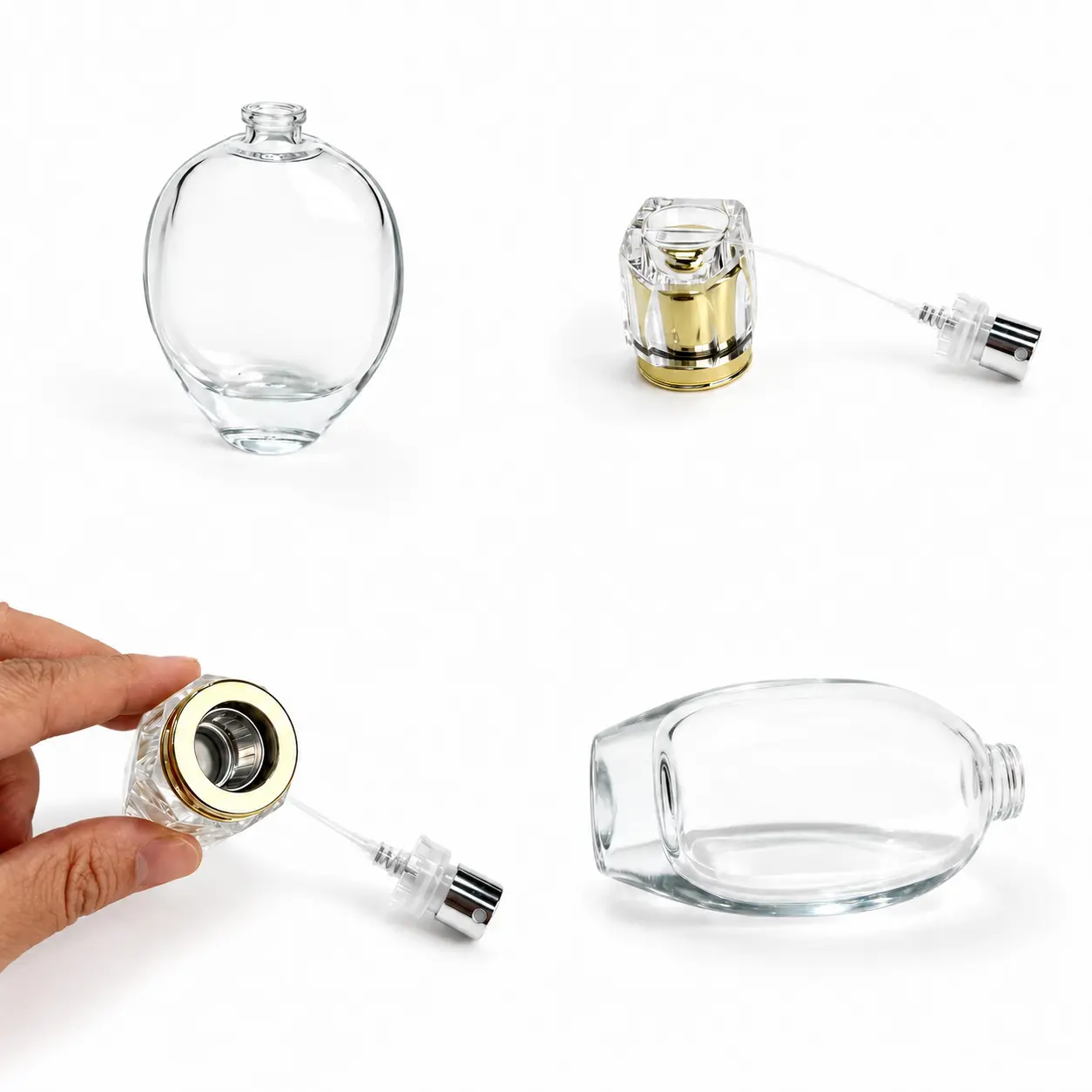 50ml Oval Heavy Base Glass Perfume Bottle Detail View 50ml oval heavy base glass perfume bottle detail composition highlighting the curved profile, thick base and closure components