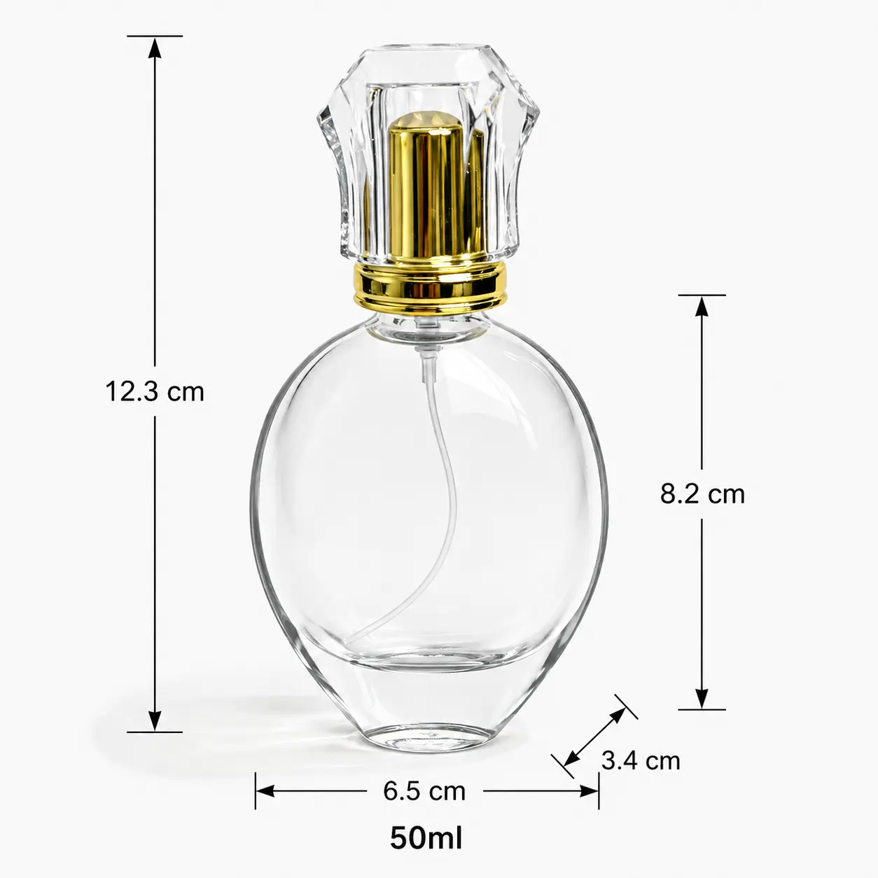 50ml Oval Heavy Base Glass Perfume Bottle Dimensions and Capacity 50ml oval heavy base glass perfume bottle dimensions showing 65 mm width, 34 mm depth and 123 mm overall height with cap