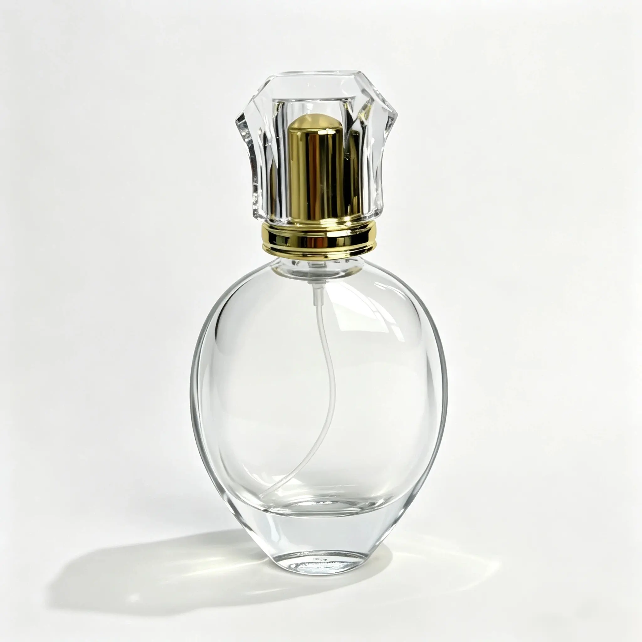 50ml Oval Heavy Base Glass Perfume Bottle Front View 50ml oval heavy base glass perfume bottle shown in complete front view with its crimp spray components and outer cap