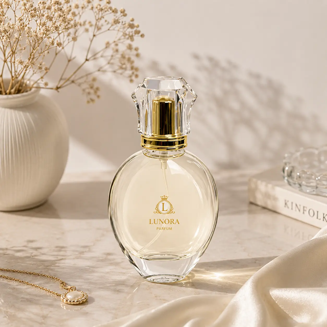 50ml Oval Heavy Base Glass Perfume Bottle Packaging Scene 50ml oval heavy base glass perfume bottle displayed in a fragrance packaging scene with the complete bottle and closure combination