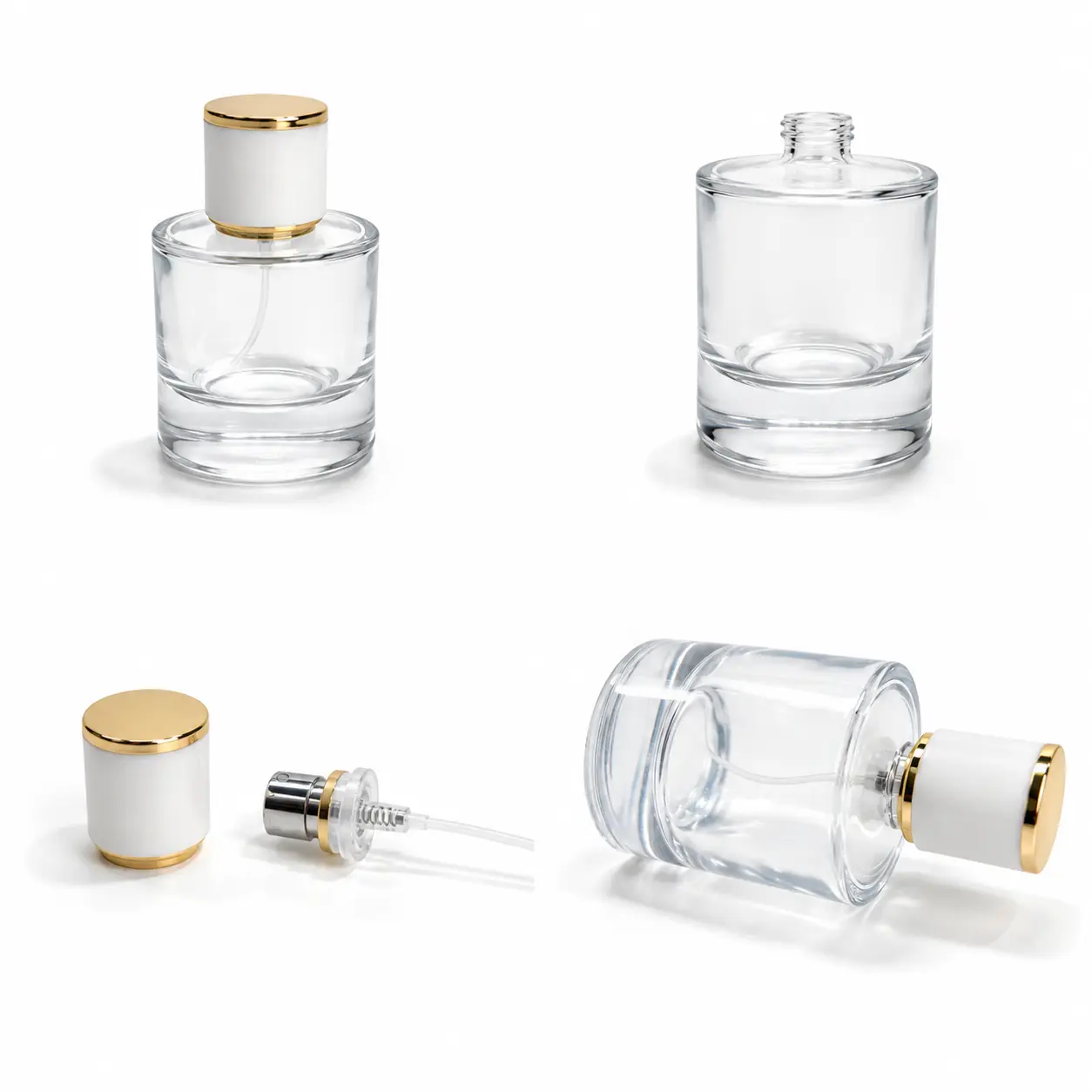 50ml Perfume Bottle Detail View 50ml round cologne bottle detail views highlighting the bottle profile crimp components and white and gold cylindrical cap