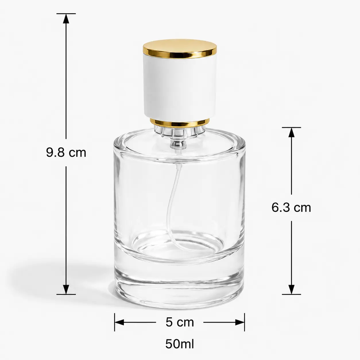 50ml Perfume Bottle Dimensions and Capacity 50ml round cologne bottle dimensions showing 50 mm width 50 mm depth and 98 mm overall height with cap