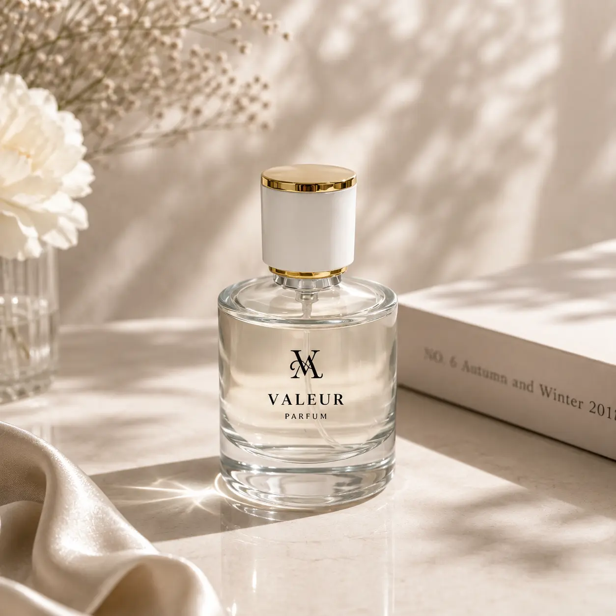 50ml Perfume Bottle Packaging Scene 50ml round cologne bottle displayed in a fragrance packaging scene with its white and gold cylindrical outer cap