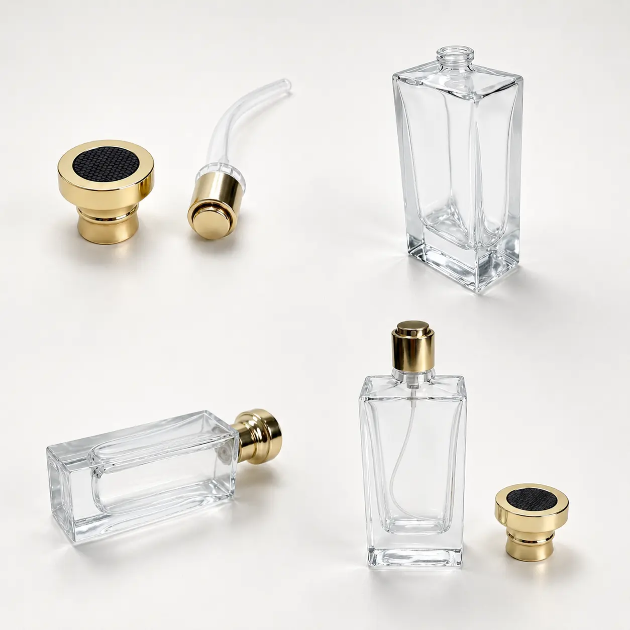 50ml rectangular perfume bottle detail view showing the inward-curved profile, crimp spray components and gold crown cap