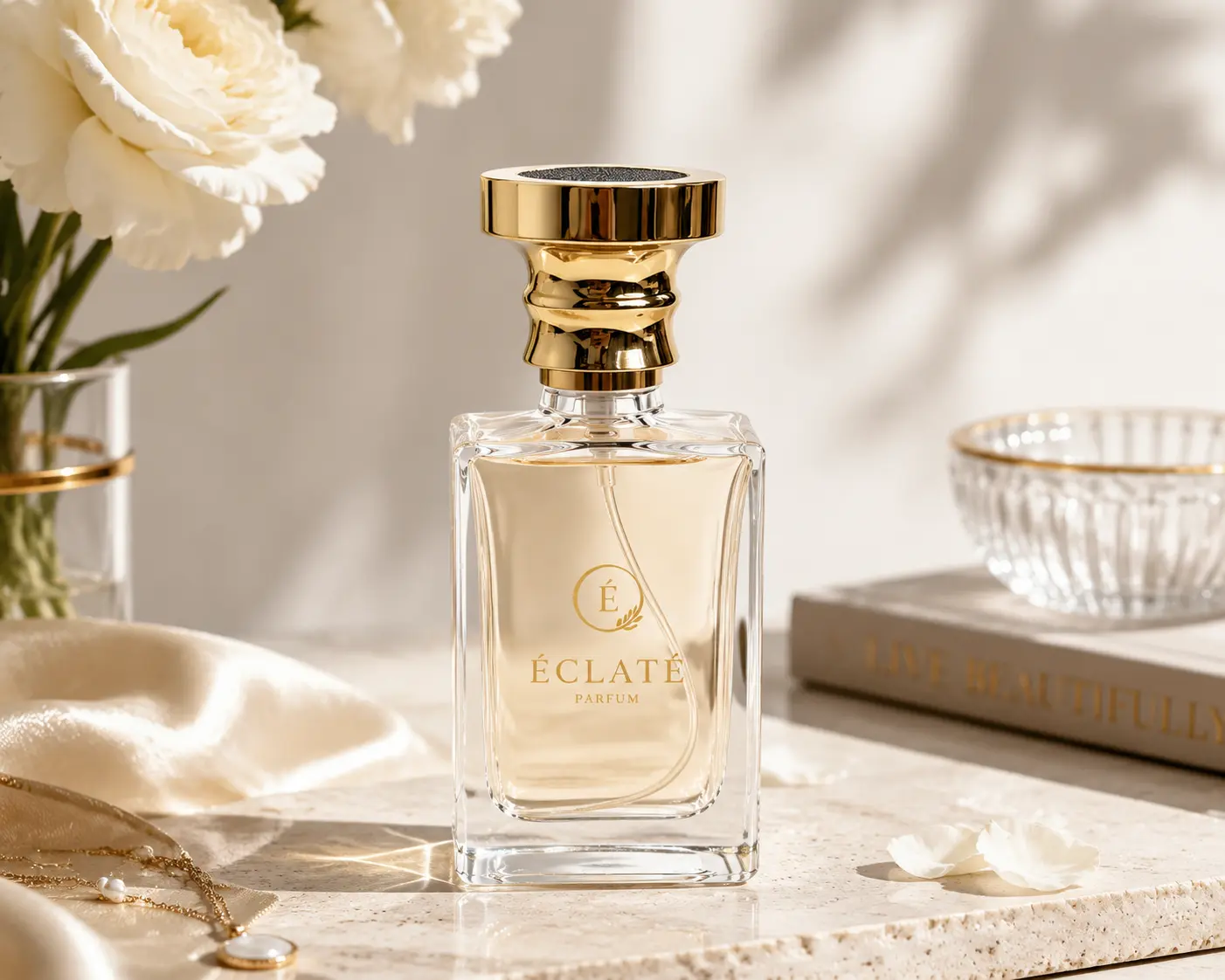 50ml rectangular perfume bottle displayed in a fragrance packaging scene with its distinctive gold crown style cap