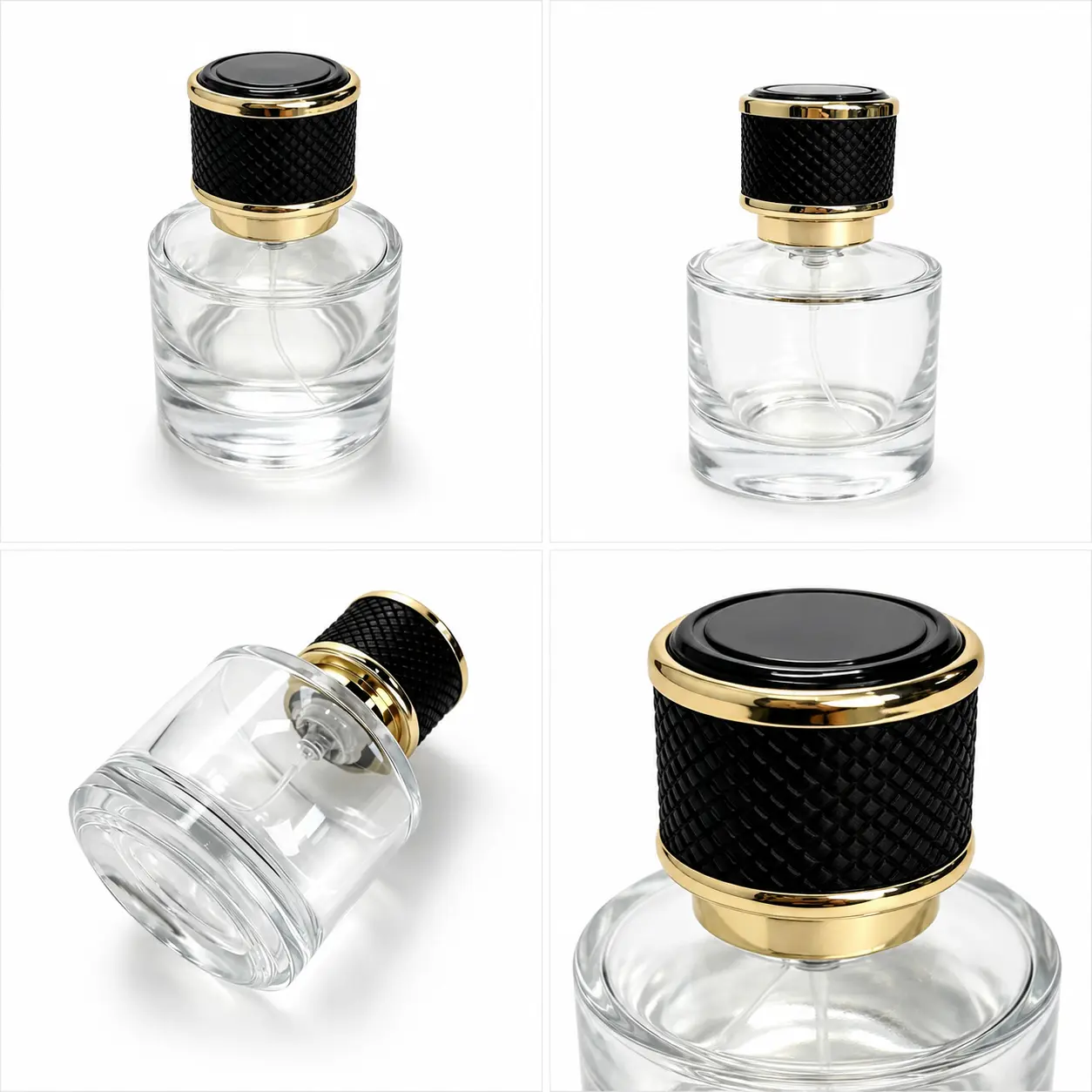 50ml Round Perfume Bottle Detail View 50ml round perfume bottle detail views highlighting the cylindrical body crimp components and black gold leather grain cap