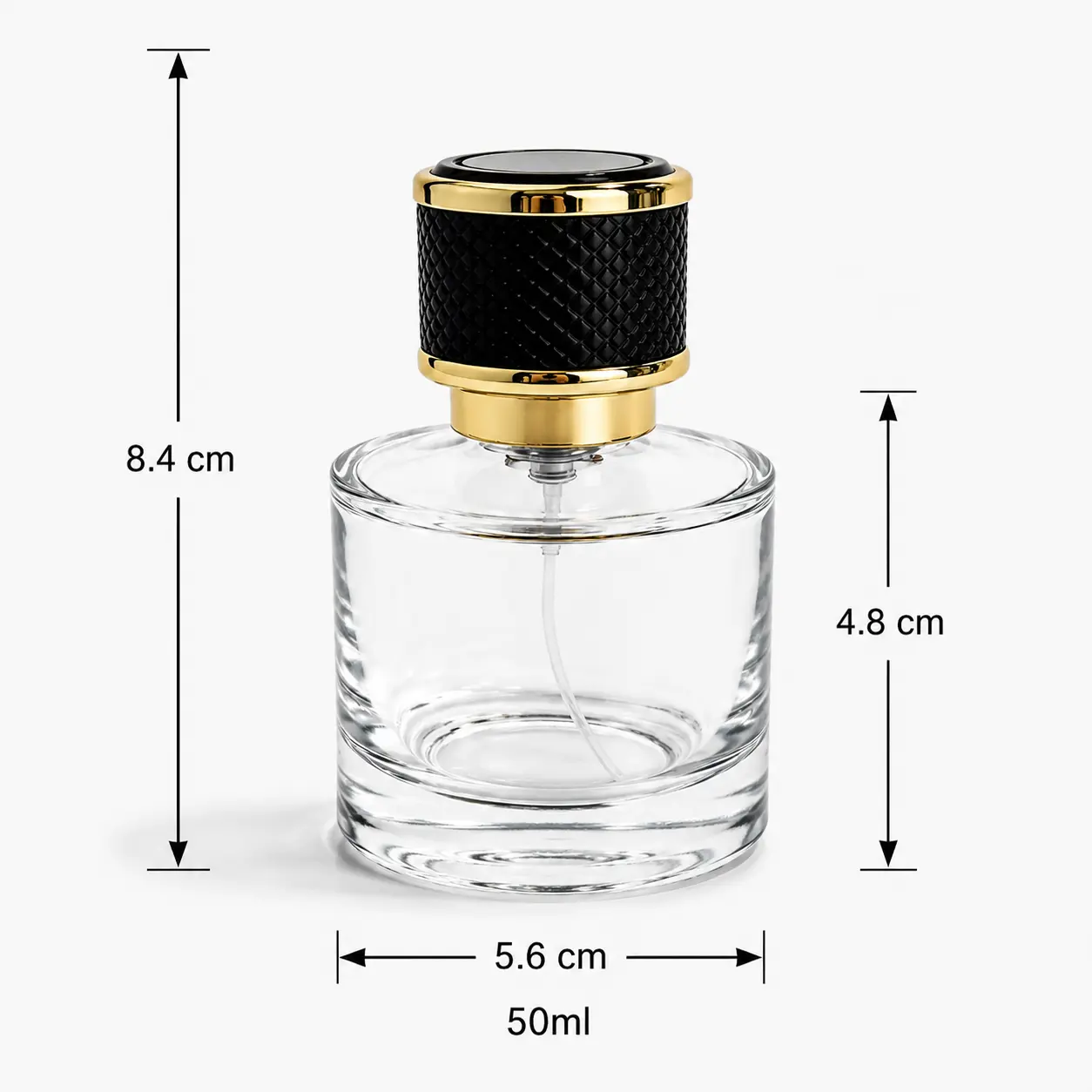 50ml Round Perfume Bottle Dimensions and Capacity 50ml round perfume bottle dimensions showing 56 mm width 56 mm depth and 84 mm overall height with cap