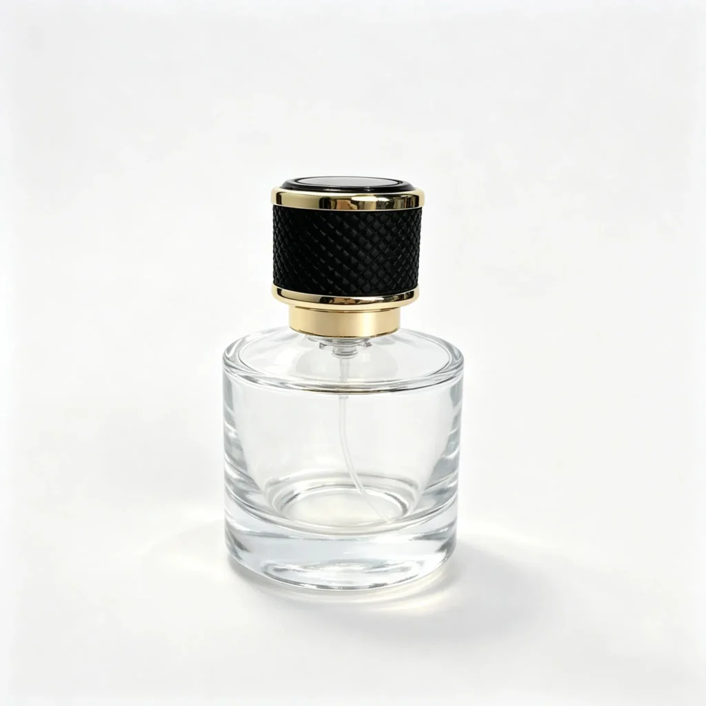 50ml round perfume bottle shown in complete front view with crimp sprayer and black gold leather grain outer cap