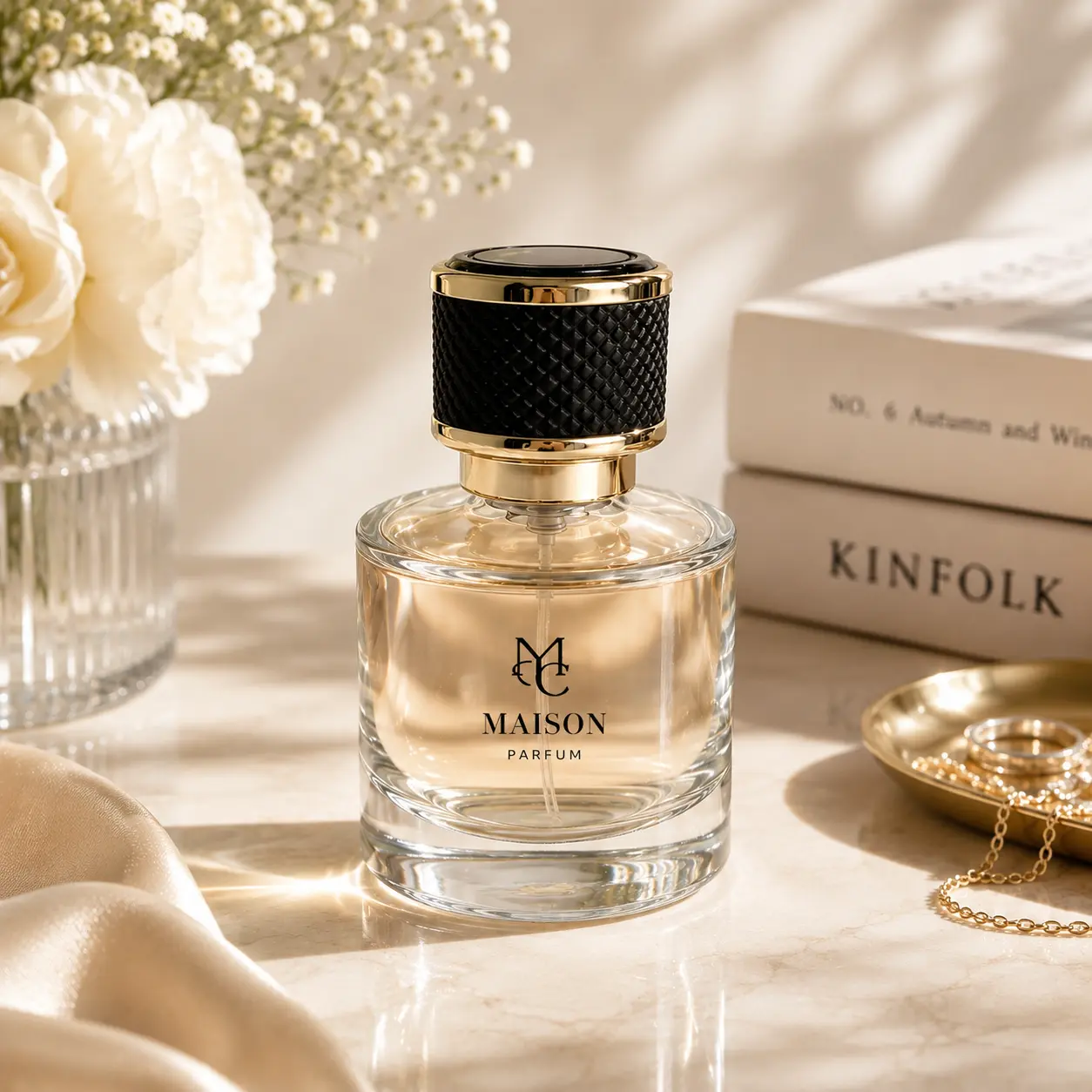 50ml Round Perfume Bottle Packaging Scene 50ml cylindrical perfume bottle displayed in a fragrance packaging scene with its black gold textured outer cap
