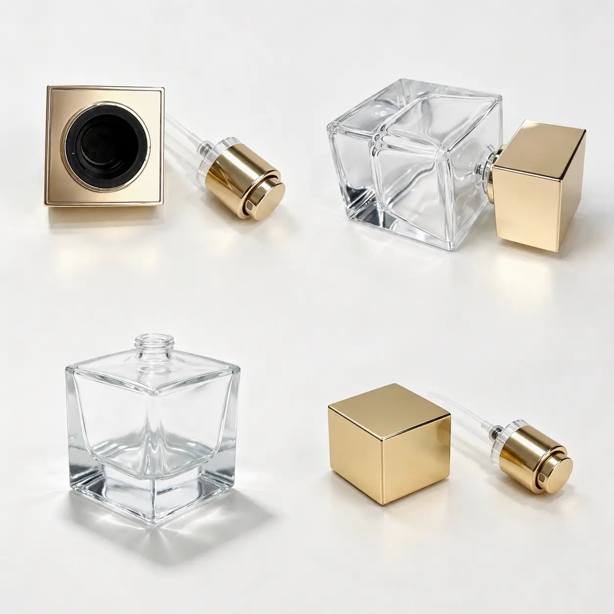 50ml Square Recessed Perfume Bottle Detail View 50ml square recessed perfume bottle detail composition showing the double-layer cavity profile, crimp components and gold square cap