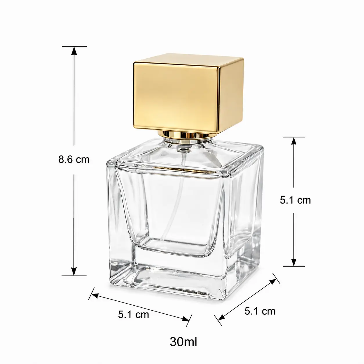 50ml Square Recessed Perfume Bottle Dimensions and Capacity 50ml square recessed perfume bottle dimensions showing 51 mm width, 51 mm depth and 86 mm overall height with cap
