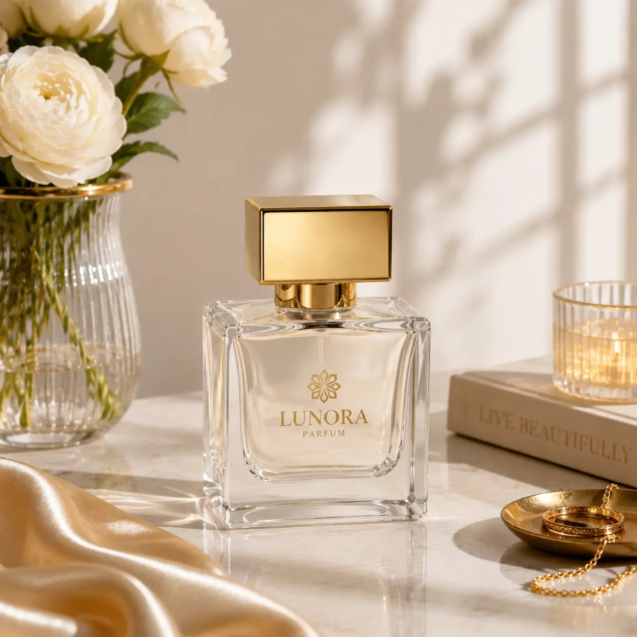 50ml Square Recessed Perfume Bottle Packaging Scene 50ml square recessed perfume bottle displayed in a fragrance packaging scene with its gold square outer cap