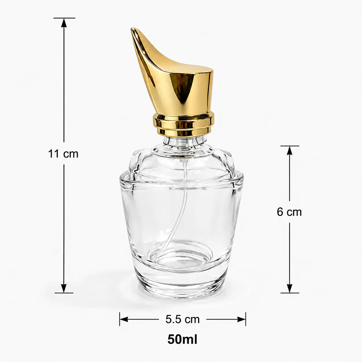 50ml Teardrop Glass Perfume Bottle Dimensions and Capacity 50ml teardrop glass perfume bottle dimensions showing 55 mm width 55 mm depth and 110 mm overall height with cap