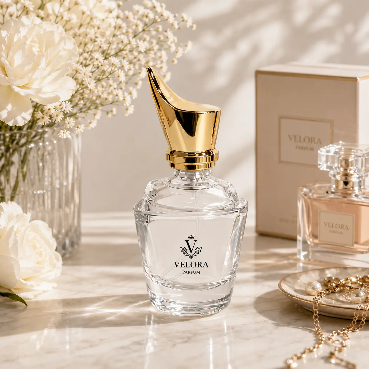 50ml Teardrop Glass Perfume Bottle Packaging Scene 50ml teardrop glass perfume bottle displayed in a fragrance packaging scene with its complete closure combination