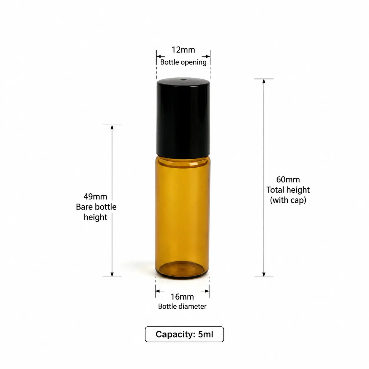 5ml Amber Roll On Bottle Dimensions and Capacity 5ml amber roll on bottle dimension diagram showing 16 mm width 60 mm capped height 49 mm bottle height and 5ml capacity
