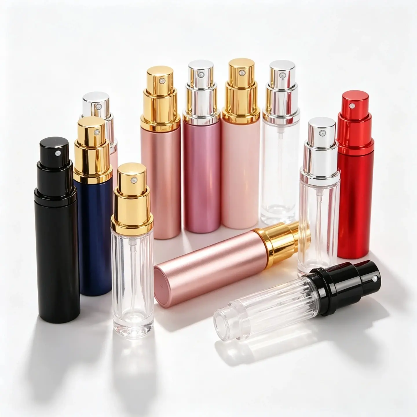 5ml Bottom Fill Refillable Perfume Atomizer Color Options 5ml bottom fill reusable perfume atomizers displayed in selectable color combinations for custom travel fragrance packaging