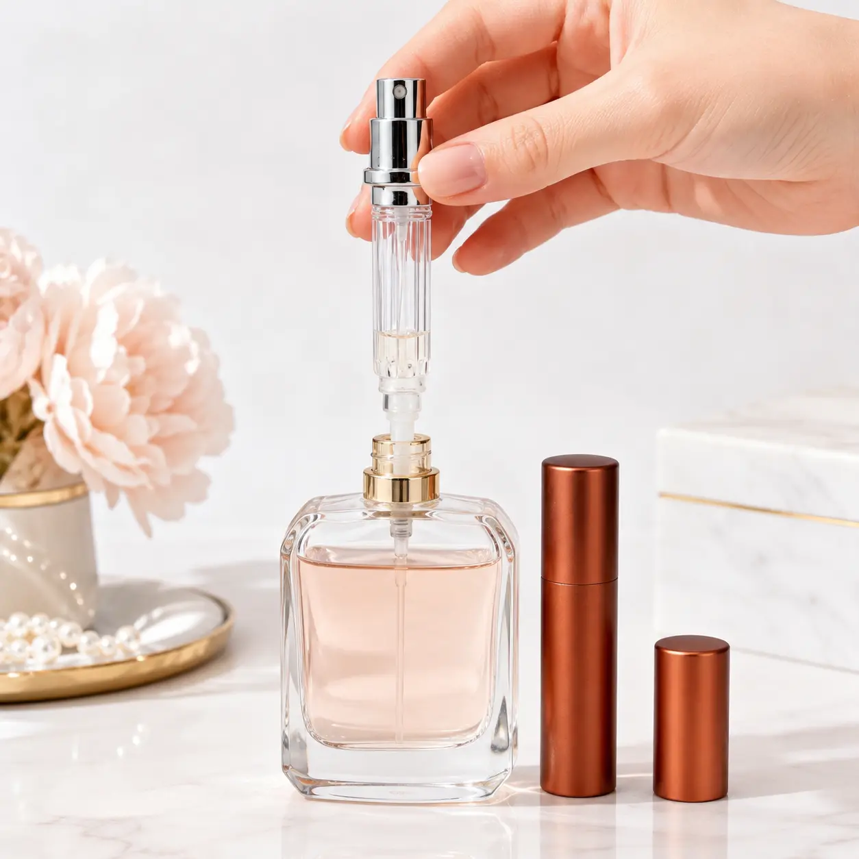5ml Bottom Fill Refillable Perfume Atomizer Packaging Scene 5ml bottom fill reusable perfume atomizer displayed in a portable fragrance packaging scene