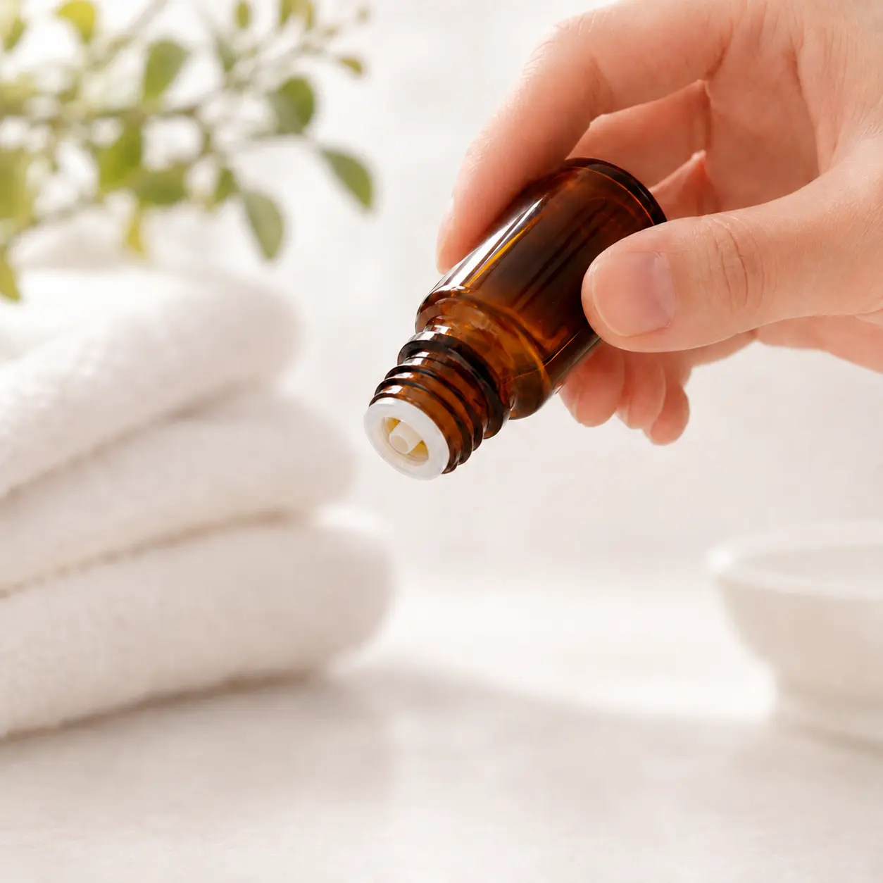 5ml Euro dropper essential oil bottle shown dispensing product in an application setting