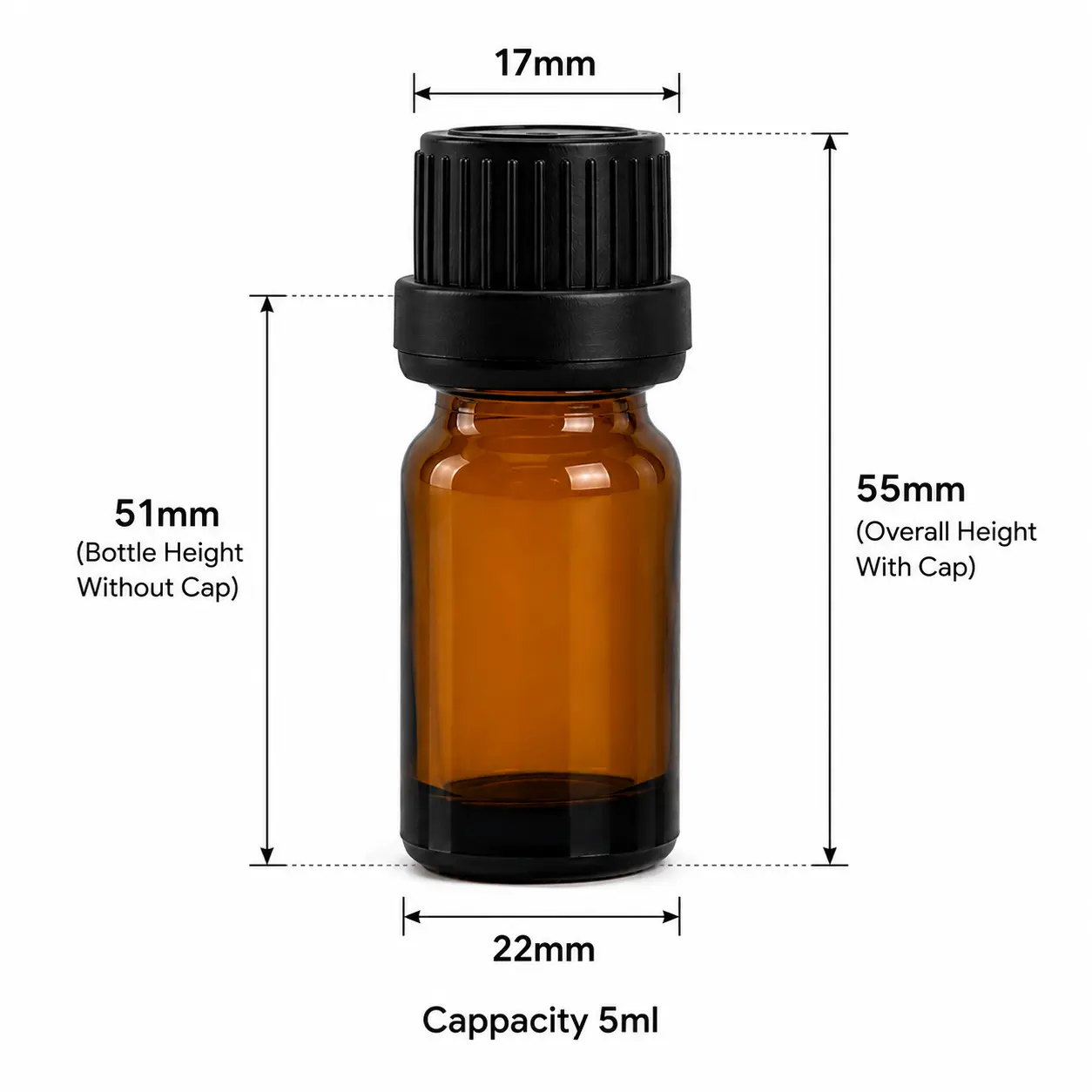 5ml Euro dropper essential oil bottle dimension diagram showing its compact capped and uncapped bottle size
