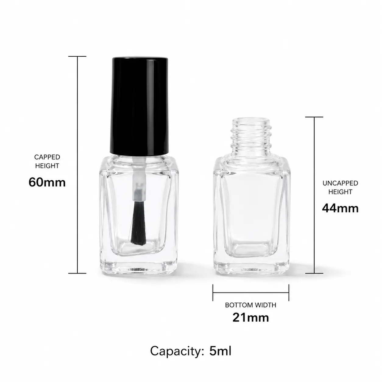 5ml Glass Nail Polish Bottle Dimensions and Capacity 5ml glass nail polish bottle dimensions showing 21 mm diameter, 60 mm overall height and 44 mm bottle height without cap