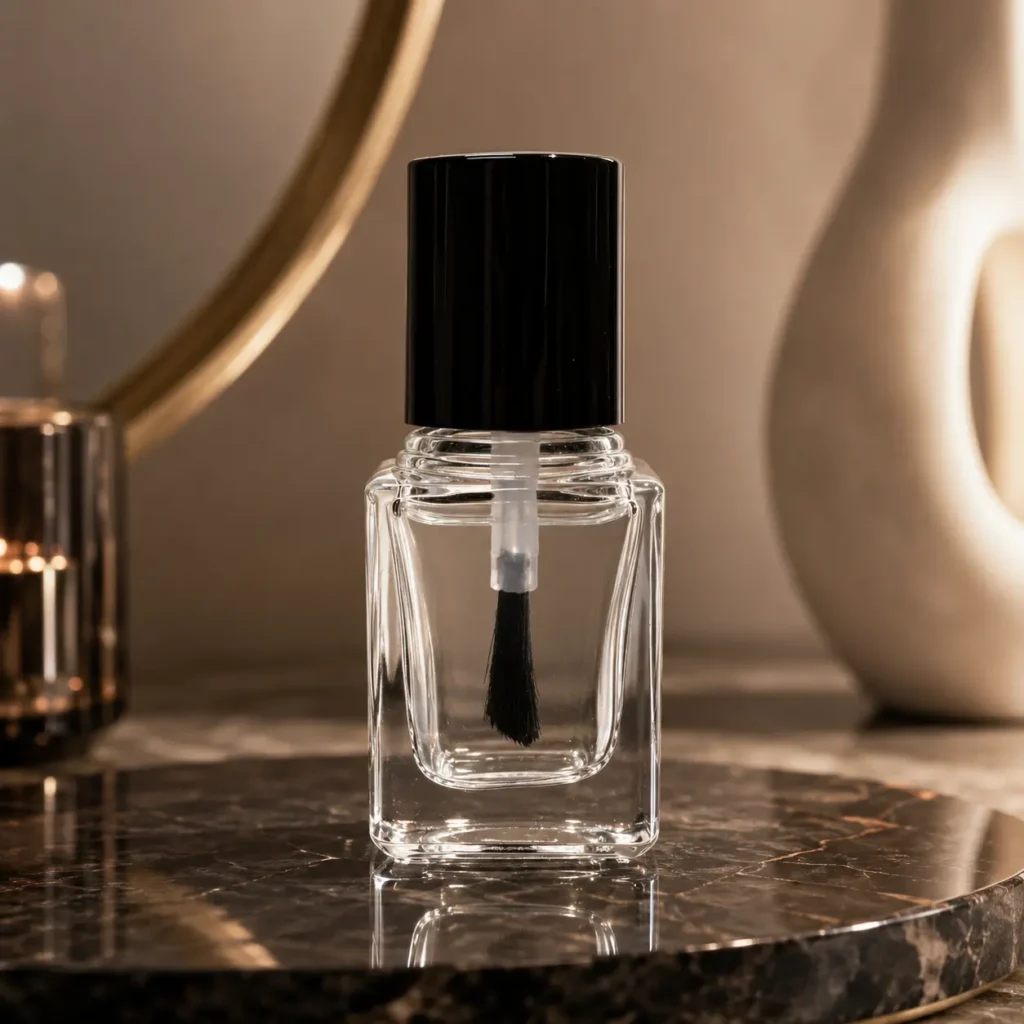 5ml mini glass nail polish bottle with brush cap displayed in a complete product presentation scene